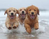 Three happy Golden Retriever puppies running and splashing through shallow ocean water, showing joyful expressions with open mouths and wet fur during beach play.