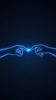 Glowing neon blue hands reaching towards each other against dark background, reminiscent of creation art, with electric light connection between fingertips.