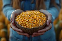 Farmer hands holding basket of raw yellow mustard seeds, organic farming harvest for spice production and cooking.