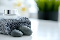 Spa composition with gray massage stones, soft towel and cosmetic cream jar on white surface, blurred green plant and flowers in background.