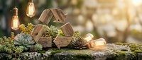 Wooden recycling symbol with succulents and vintage bulbs on moss-covered surface creating eco-friendly sustainability concept for environmental awareness campaigns.