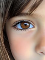 Close-up of an expressive brown eye with long eyelashes and smooth skin, showing intricate iris detail against soft natural lighting. Partial face visible.