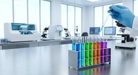 Modern laboratory interior with scientist hand in blue glove holding test tube over colorful chemical samples in rack with microscopes and equipment.