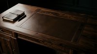 Wooden desk with leather top surface and closed notebook, suitable for office, business, and professional workspace design projects.