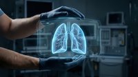 Physician in black gloves holding transparent tablet displaying glowing blue lung x-ray scan in modern hospital setting for medical diagnostics and healthcare technology.