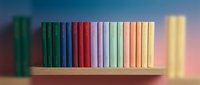 Colorful books arranged on wooden shelf against blurred gradient background, representing education, learning, library collection, and knowledge organization for design projects.