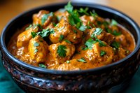 Tender chicken pieces in rich orange curry sauce garnished with fresh cilantro, served in traditional clay bowl. Close up view of aromatic Indian cuisine.
