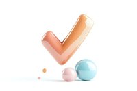 Glossy orange checkmark with pastel pink and blue spheres on white background, ideal for approval concepts and digital interfaces.