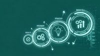 Business growth strategy infographic with circular elements showing discovery, strategy and results phases on teal background for presentations.
