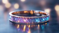 Elegant ring with cosmic galaxy pattern in purple and blue colors against blurred bokeh background, featuring luminous sparkles and ethereal glow effect.