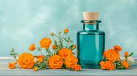 Vibrant orange marigold flowers arranged with turquoise glass bottle against rustic wooden background, creating serene spa and wellness composition.