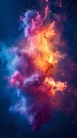 Vibrant cosmic nebula with swirling orange, pink and blue smoke effects against starry dark space background, creating ethereal abstract art for wall decor and design projects.