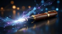 Digital fountain pen with glowing network connections and data streams representing modern writing technology and creative innovation in business.