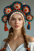 Young woman wearing traditional knitted kokoshnik headdress in turquoise and orange with floral motifs, braided hair, and white knitted dress against neutral background.