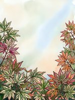 Colorful foliage border with pink, orange, and green leaves arranged on soft watercolor background, suitable for greeting cards, invitations, and seasonal designs.