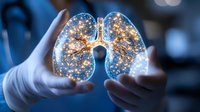 Medical professional holding glowing lungs with neural network patterns representing respiratory health, pulmonary medicine and healthcare technology innovation.