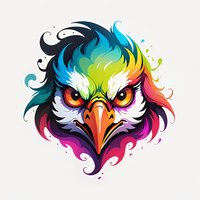 Fierce eagle head with rainbow-colored feathers and piercing orange eyes on white background, stylized with flowing curves and vibrant gradient effects.