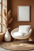 Modern boho interior with round wicker chair, white cushion, pampas grass in vase, and blank frame on brown wall. Natural sunlight through window.