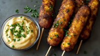 Golden crispy corn dogs on wooden skewers served with creamy mustard dipping sauce, garnished with fresh herbs on dark slate surface for appetizer menu.