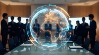 Business professionals analyzing holographic Earth globe in modern conference room for global strategy planning and international collaboration.