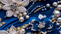 Luxury floral composition with white and navy blue flowers adorned with pearls, rhinestones and golden elements on dark blue background, jewelry art style.