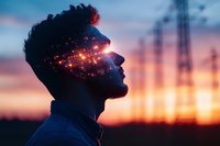 Young African American man silhouette at sunset with glowing constellation effect overlaid on face profile, expressing mindfulness and spiritual awakening against orange sky.