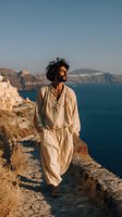 Man with curly hair in loose linen clothing walking along coastal path with Mediterranean sea and cliffs in background, golden hour lighting creates warm atmosphere.