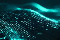 Abstract digital data visualization with flowing turquoise waves and glowing particles representing technology, artificial intelligence, and big data analytics.