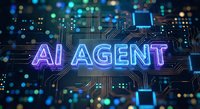Futuristic AI agent neon text glowing on circuit board background with bokeh lights for artificial intelligence and machine learning technology concepts.