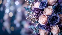 Romantic floral arrangement with navy blue and blush pink roses, purple lilac flowers against bokeh background, wedding bouquet composition.