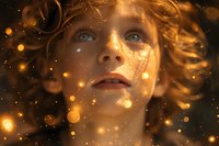 Young woman with curly blonde hair surrounded by magical golden light particles, looking upward with wonder and amazement.