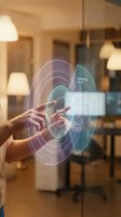 Hand touching holographic interface with concentric circles and data visualization in modern home interior with warm lighting and furniture.