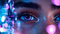 Mesmerizing blue eyes with glitter makeup and neon bokeh lights creating magical nightclub atmosphere, close up portrait with dreamy pink and blue illumination.