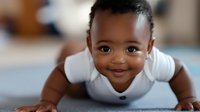 Adorable African American baby boy doing tummy time on soft blanket, smiling at camera. Early childhood development and infant milestone moment.