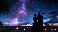 Romantic silhouette of couple standing under starry night sky with vibrant purple and blue galaxy, milky way and glowing lights creating magical atmosphere.