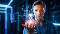 Male doctor holding glowing digital network in palm with futuristic technology effects in modern medical facility for healthcare innovation concepts.