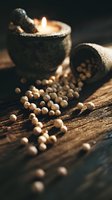 Stone mortar with burning candle and scattered white peppercorns on rustic wooden surface, creating atmospheric mood for culinary or spa concepts.