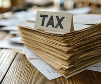 Tax documents and forms stacked on wooden desk with tax sign for accounting and financial planning during tax season preparation.