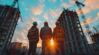Construction workers in safety gear observing building site at dramatic sunset, silhouetted against orange sky with tower cranes and modern high-rise development, concept of teamwork and urban growth.