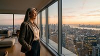 Young woman with long brown hair, wearing casual business attire, standing by floor-to-ceiling windows in high-rise apartment overlooking city skyline at sunset. Suitable for lifestyle, real estate, and professional concepts.