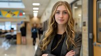 Confident young Caucasian businesswoman with long blonde hair standing in modern office corridor with arms crossed, professional corporate environment.