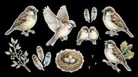 Sparrows sticker set isolated on transparent background, featuring birds in flight, nesting, feathers, and branches, ready for clipart, t-shirt design, and print on demand.