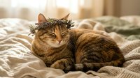 Tabby cat wearing a decorative wreath crown, resting on a cozy bed with neutral bedding, perfect for pet, holiday, and home decor projects.