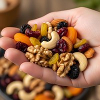 Hands holding mixed nuts and dried fruits trail mix with almonds, walnuts, cashews, raisins and cranberries for healthy snacking and nutrition concepts.