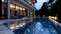 Modern luxury house exterior with illuminated swimming pool at dusk, featuring large glass windows, outdoor lighting and reflective water surface creating elegant ambiance.