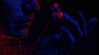 Mysterious silhouette holding medicine bottle in dark setting with dramatic red and blue neon lighting creates moody atmosphere for healthcare or pharmaceutical concept.