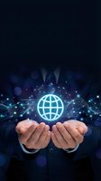 Businessman hands presenting glowing globe icon with network connections on dark blue technology background for global business concepts.