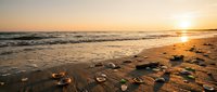 Golden sunset over ocean waves washing sandy beach with scattered seashells and pebbles creating peaceful coastal scenery for relaxation and travel themes.