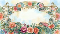Watercolor floral frame with ribbon banner, roses, peonies, and golden ornaments on soft pastel background for greeting cards and invitations.