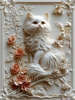 Elegant white cat with fluffy fur surrounded by ornate floral relief carvings and roses in decorative frame for luxury interior design projects.